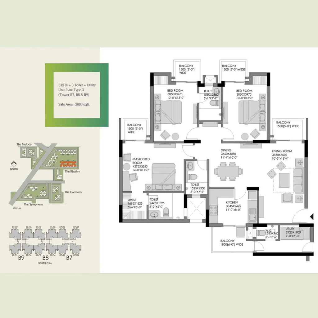 3 BHK with Utility Balcony and Servant Quarter Floor Plan